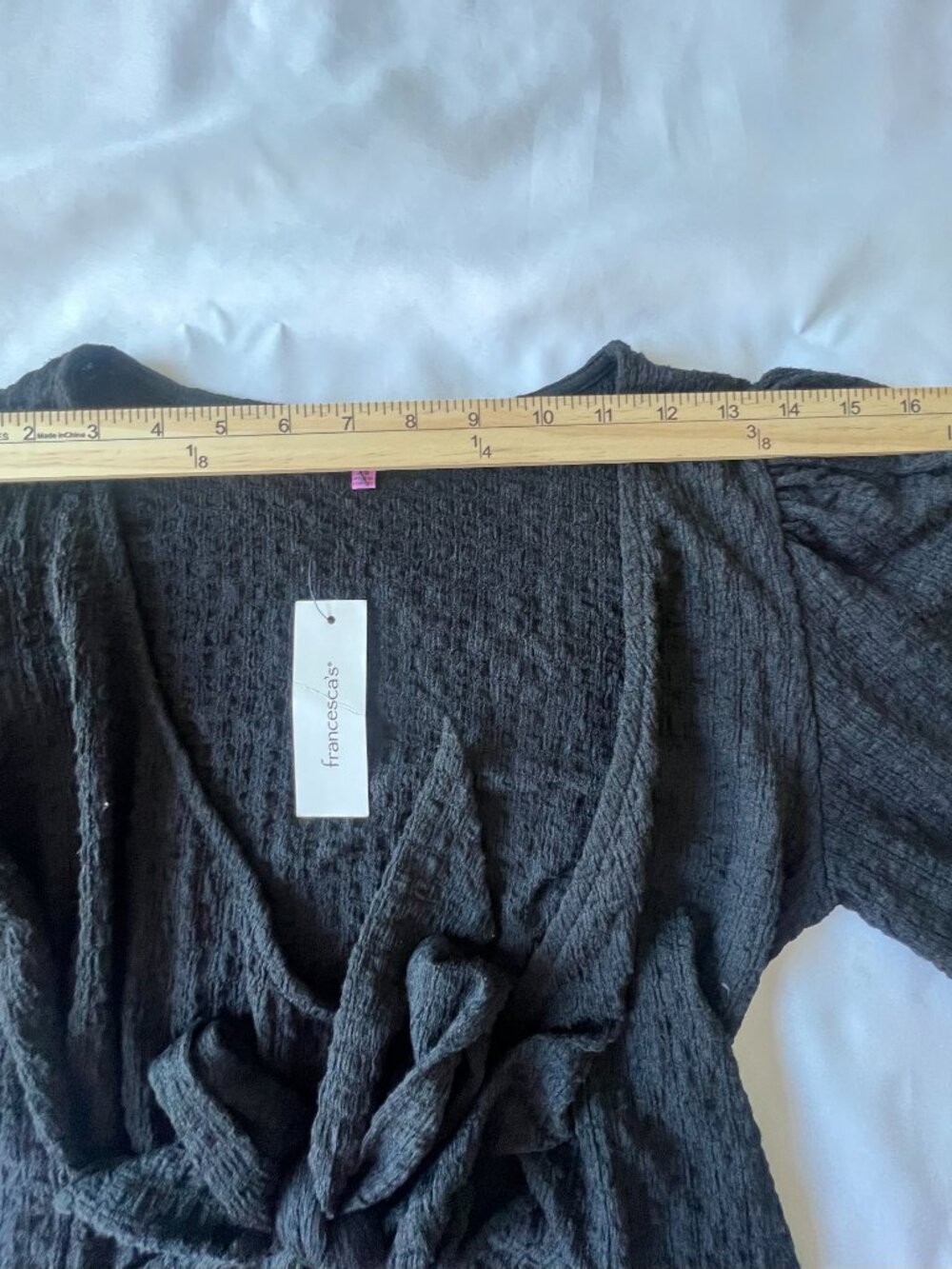 Boho Peasant Francesca's Mi Ami Black Top Size XS 3/4 Sleeve Front Tie NWT - Picture 9 of 15